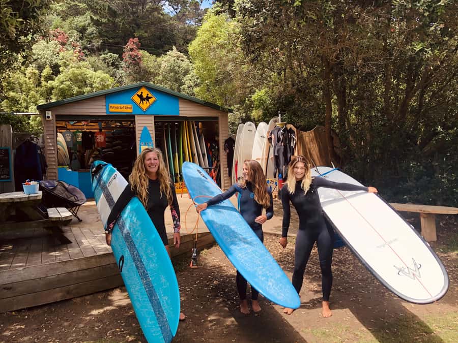 Auckland: Group Surfing Lesson with Muriwai Surf School - Checking the waves before entering the water