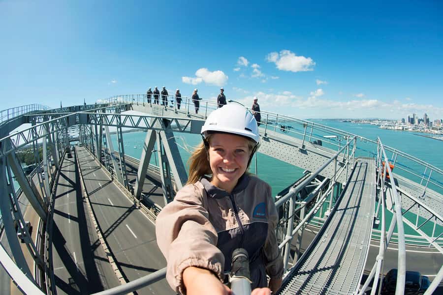 Auckland Harbor Bridge: Bridge Climb - Looking toward the Sky Tower and Auckland skyline