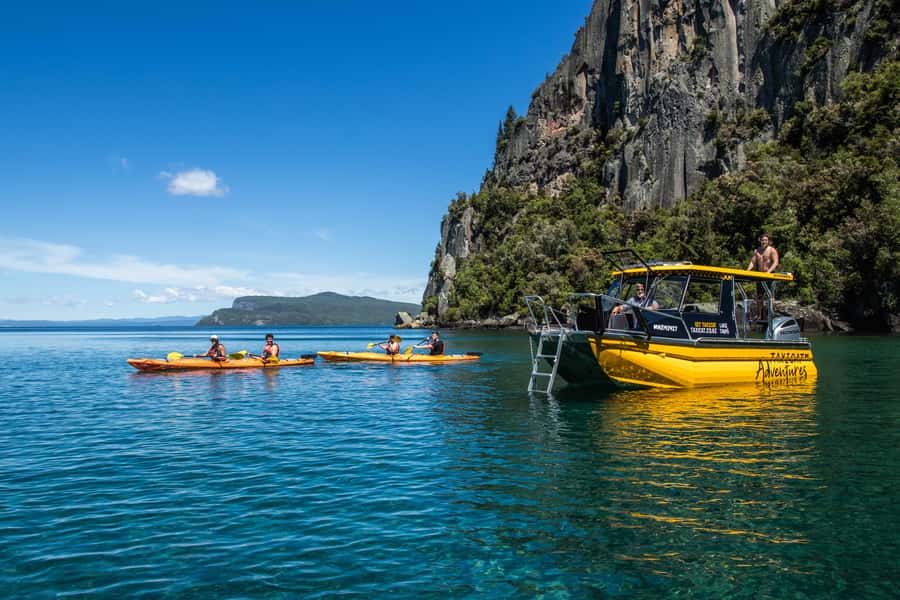 Kinloch: Lake Taupo Catamaran Cruise with Paddleboarding - Waterfalls, ravines, and volcanic rock