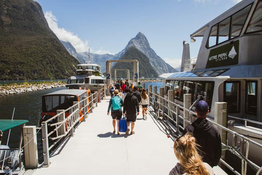 Milford Sound: 2-Hour Small Boat Scenic Cruise - Leaving Milford Wharf beneath Mitre Peak