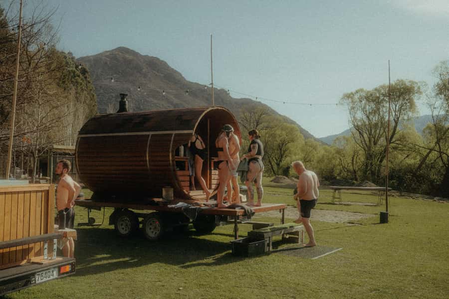 Queenstown: Riverside Sauna and Cold Plunge Experience - Inside the 80 to 100 degree wood-fired barrel sauna